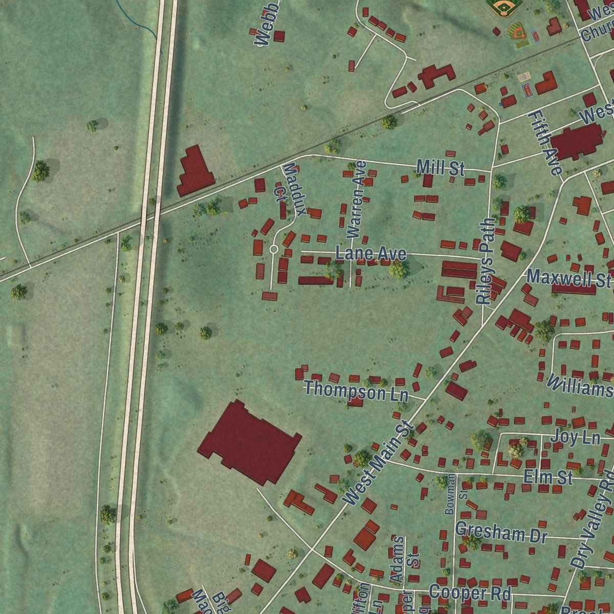 Second close-up of the map of Algood, Tennessee print showing more streets and buildings