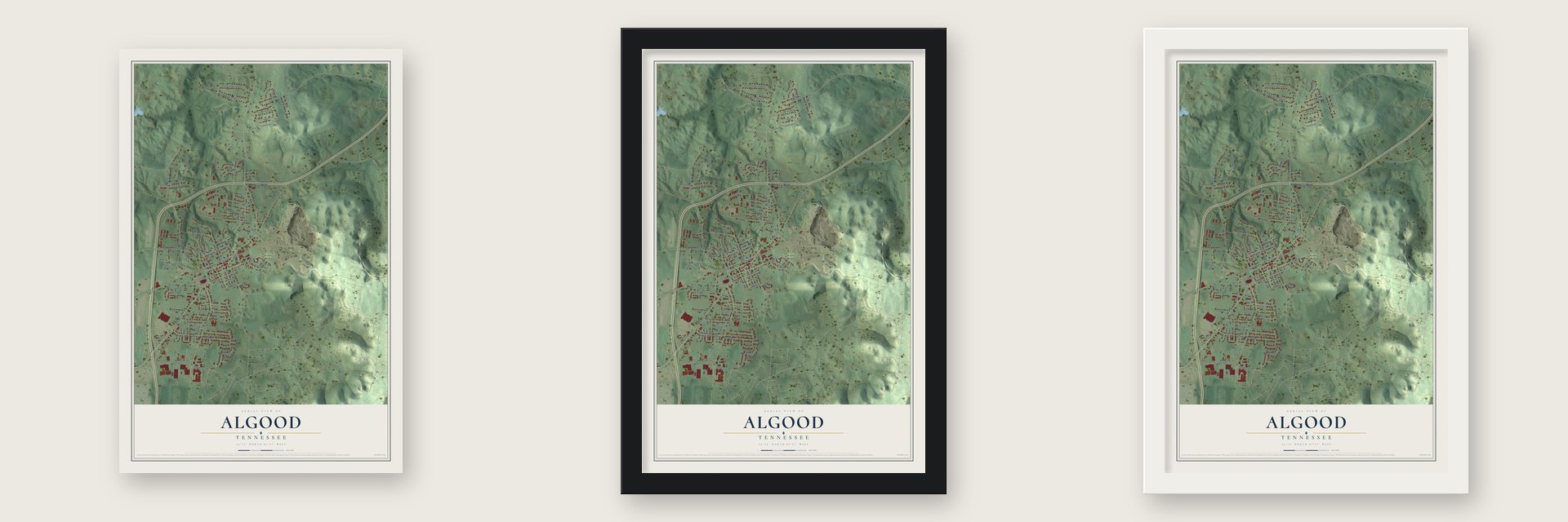 Algood, Tennessee map unframed, in a black wood frame and in a white wood frame