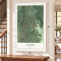 Algood, Tennessee map, 24 x 36 inch print in a white frame by a staircase