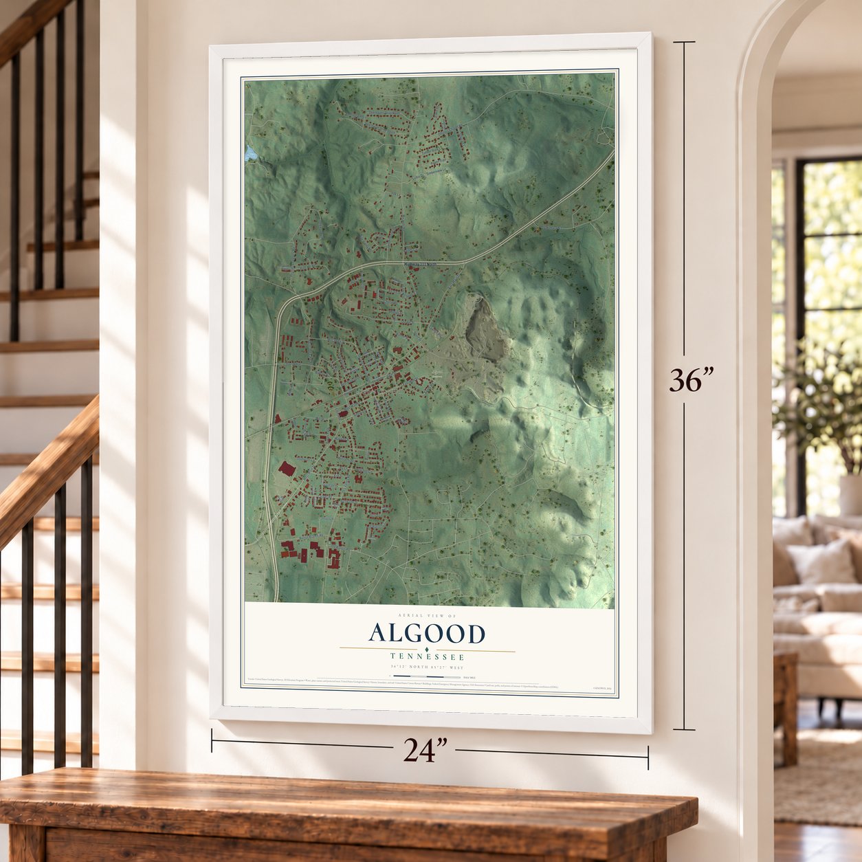 Algood, Tennessee map, 24 x 36 inch print in a white frame by a staircase