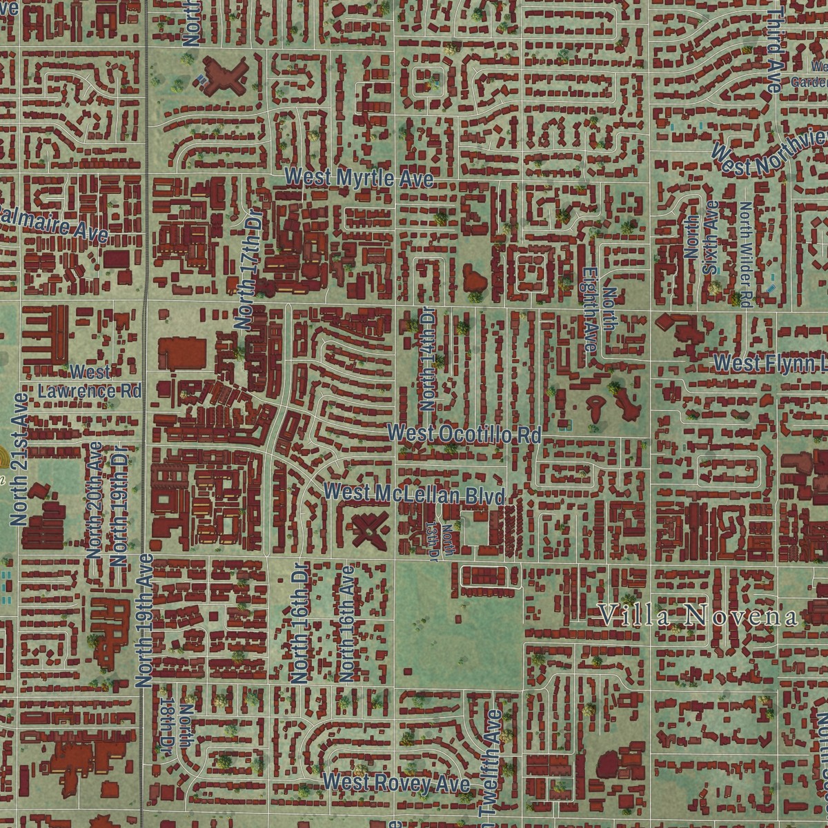 Second close-up of the map of Alhambra, Arizona print showing more streets and buildings