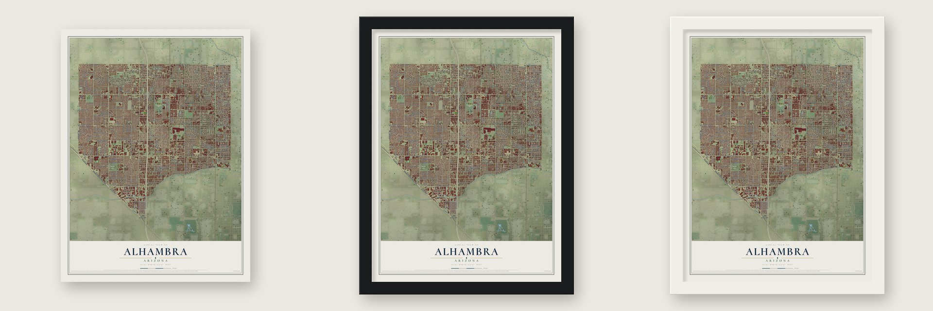 Alhambra, Arizona map unframed, in a black wood frame and in a white wood frame