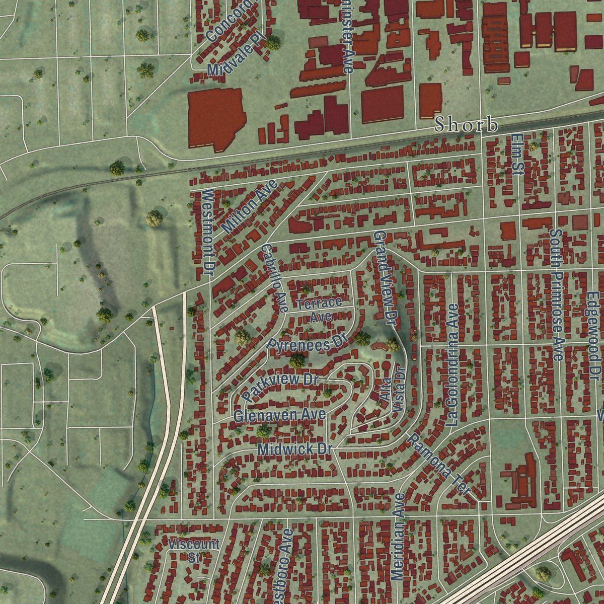Second close-up of the map of Alhambra, California print showing more streets and buildings