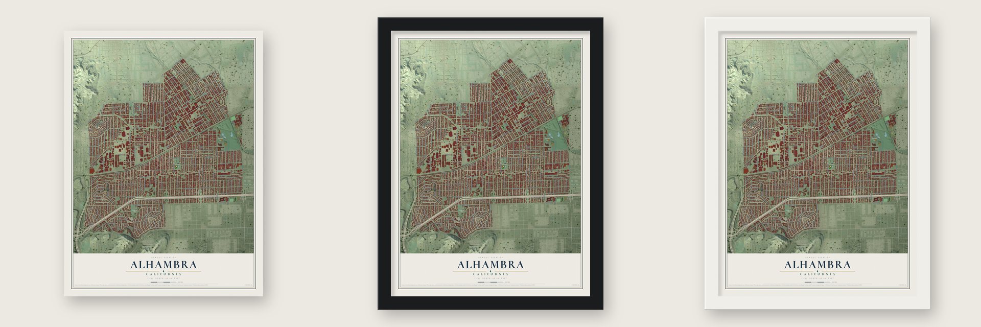 Alhambra, California map unframed, in a black wood frame and in a white wood frame