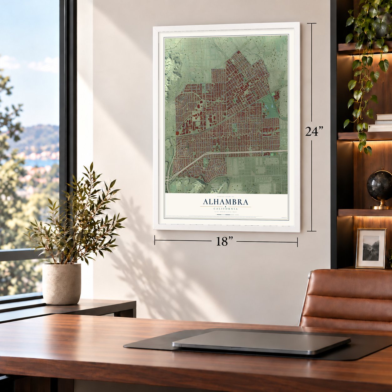 Alhambra, California map, 18 x 24 inch print in a white frame in a home office