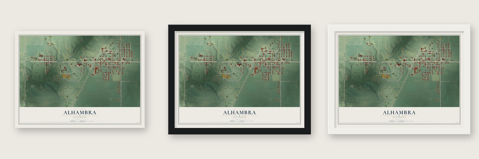 Alhambra, Illinois map unframed, in a black wood frame and in a white wood frame