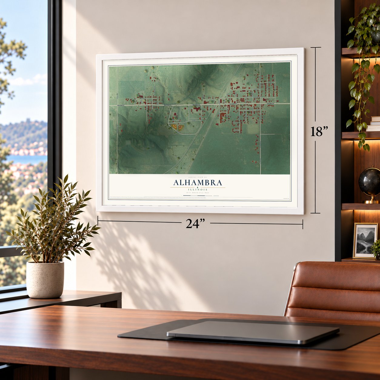 Alhambra, Illinois map, 18 x 24 inch print in a white frame in a home office