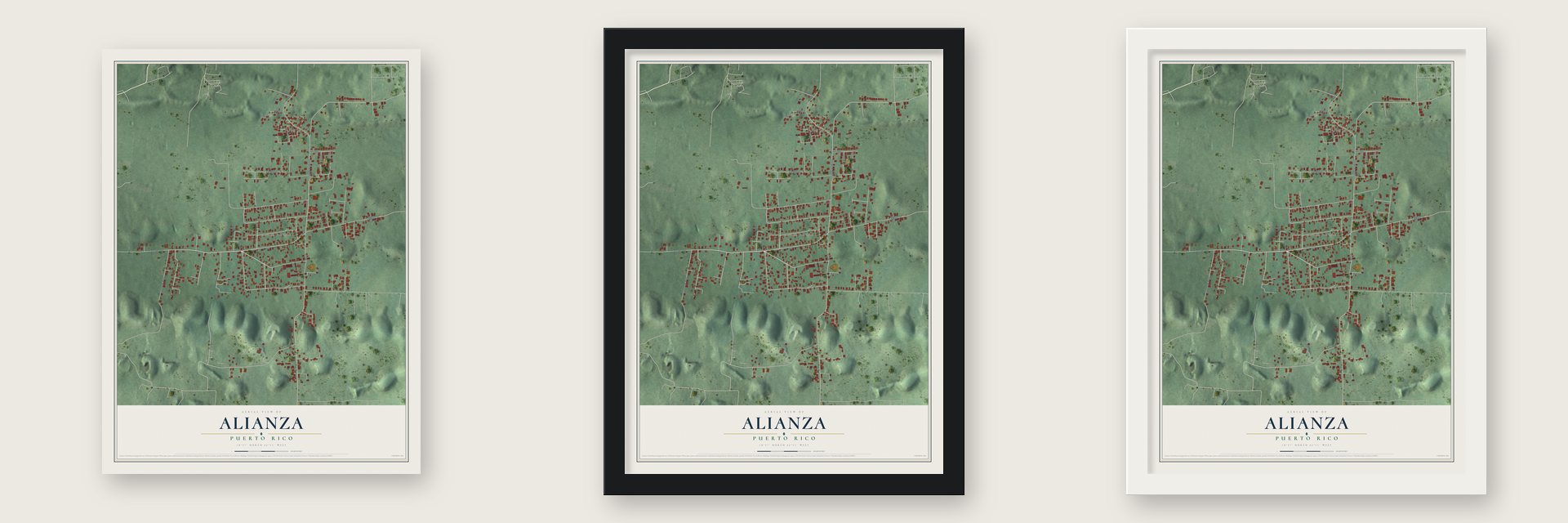 Alianza, Puerto Rico map unframed, in a black wood frame and in a white wood frame