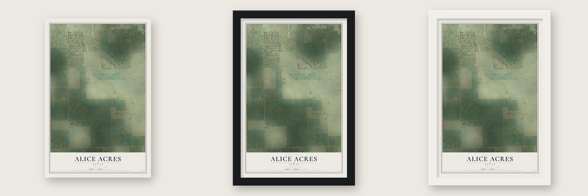 Alice Acres, Texas map unframed, in a black wood frame and in a white wood frame