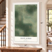 Alice Acres, Texas map, 24 x 36 inch print in a white frame by a staircase