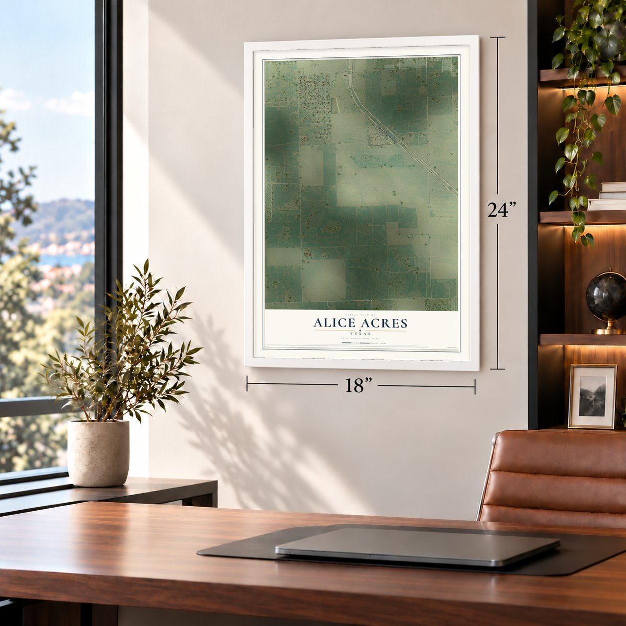 Alice Acres, Texas map, 18 x 24 inch print in a white frame in a home office