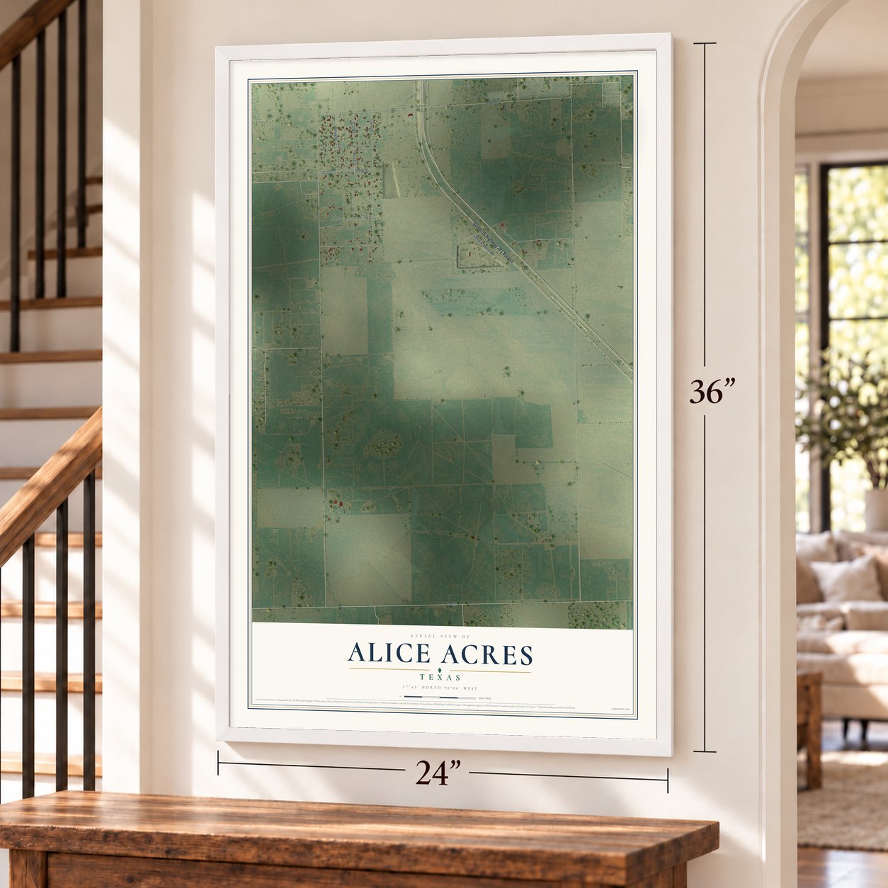 Alice Acres, Texas map, 24 x 36 inch print in a white frame by a staircase