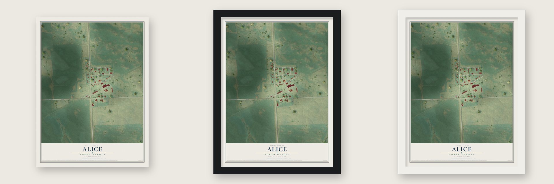 Alice, North Dakota map unframed, in a black wood frame and in a white wood frame