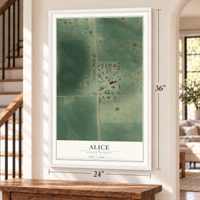 Alice, North Dakota map, 24 x 36 inch print in a white frame by a staircase