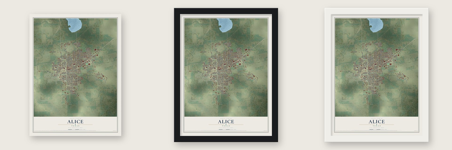 Alice, Texas map unframed, in a black wood frame and in a white wood frame
