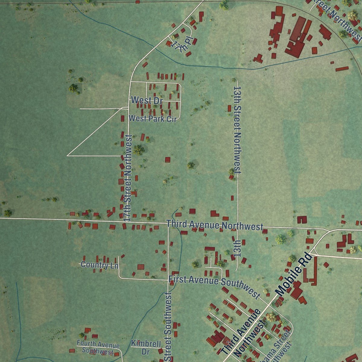 Second close-up of the map of Aliceville, Alabama print showing more streets and buildings