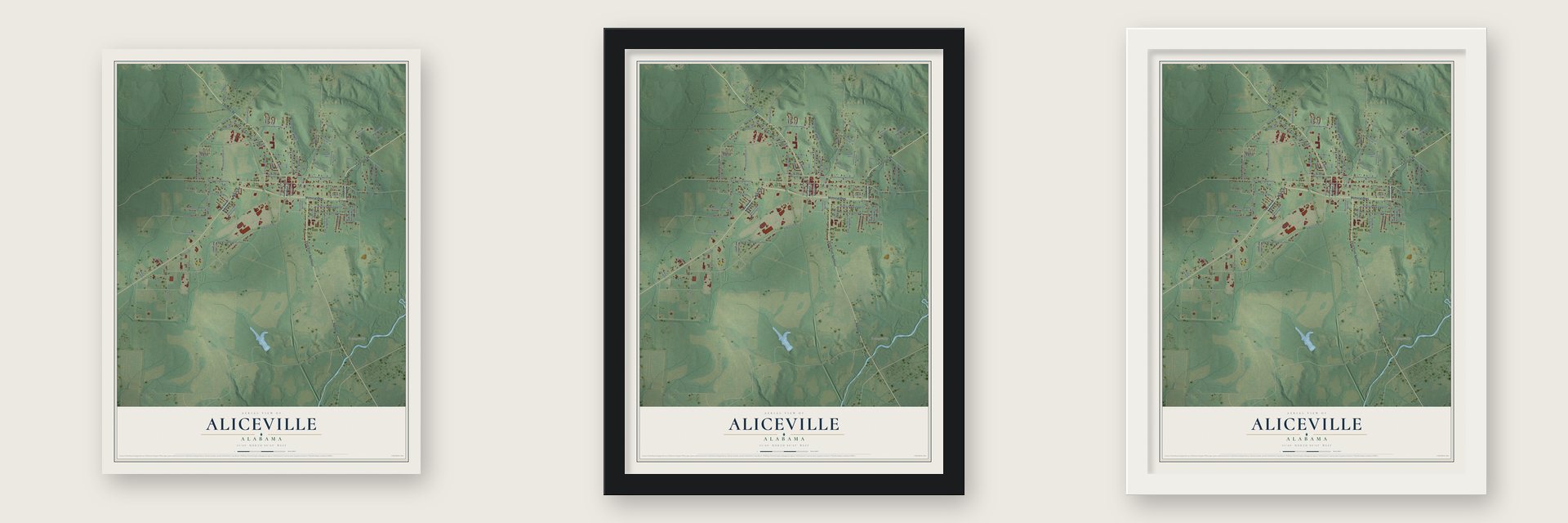 Aliceville, Alabama map unframed, in a black wood frame and in a white wood frame
