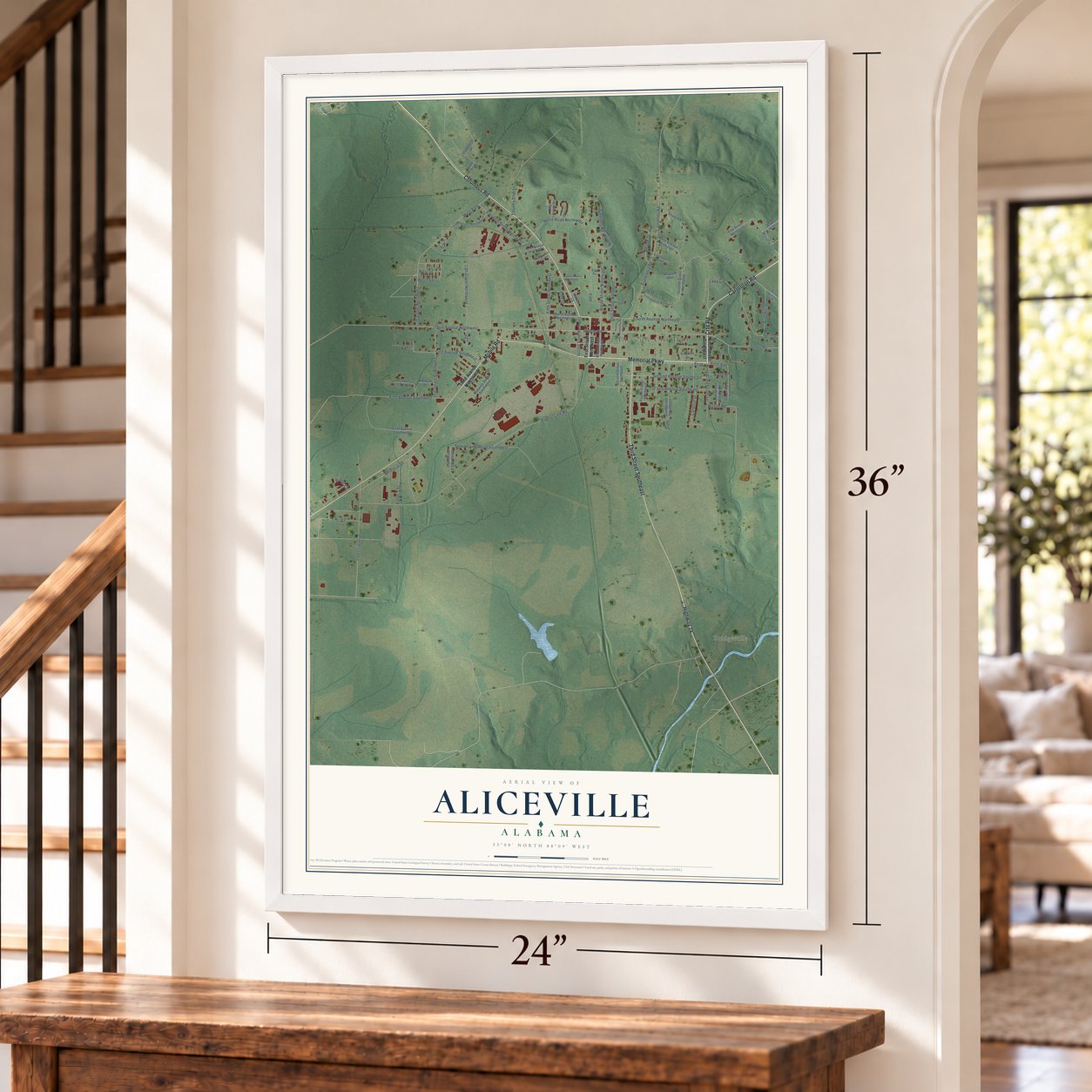 Aliceville, Alabama map, 24 x 36 inch print in a white frame by a staircase