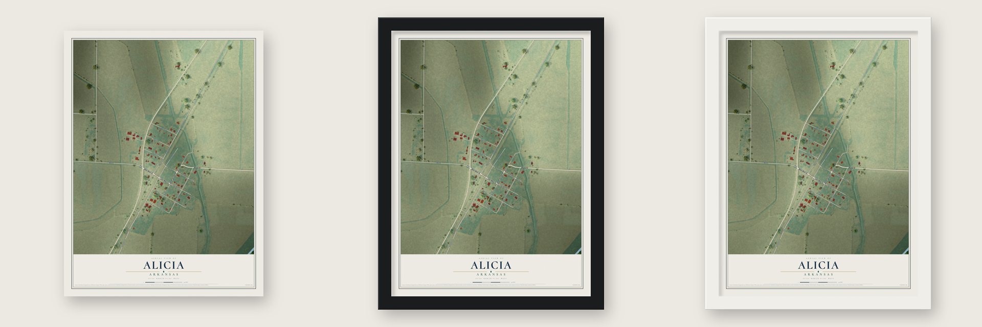 Alicia, Arkansas map unframed, in a black wood frame and in a white wood frame