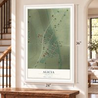 Alicia, Arkansas map, 24 x 36 inch print in a white frame by a staircase