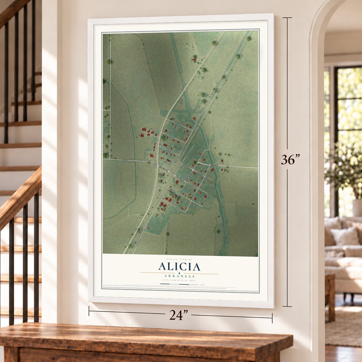 Alicia, Arkansas map, 24 x 36 inch print in a white frame by a staircase