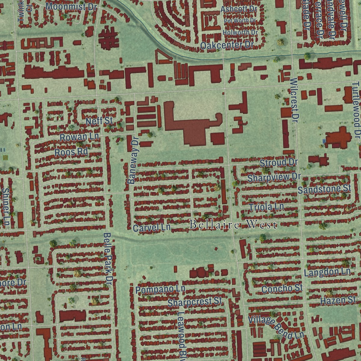 Second close-up of the map of Alief, Texas print showing more streets and buildings