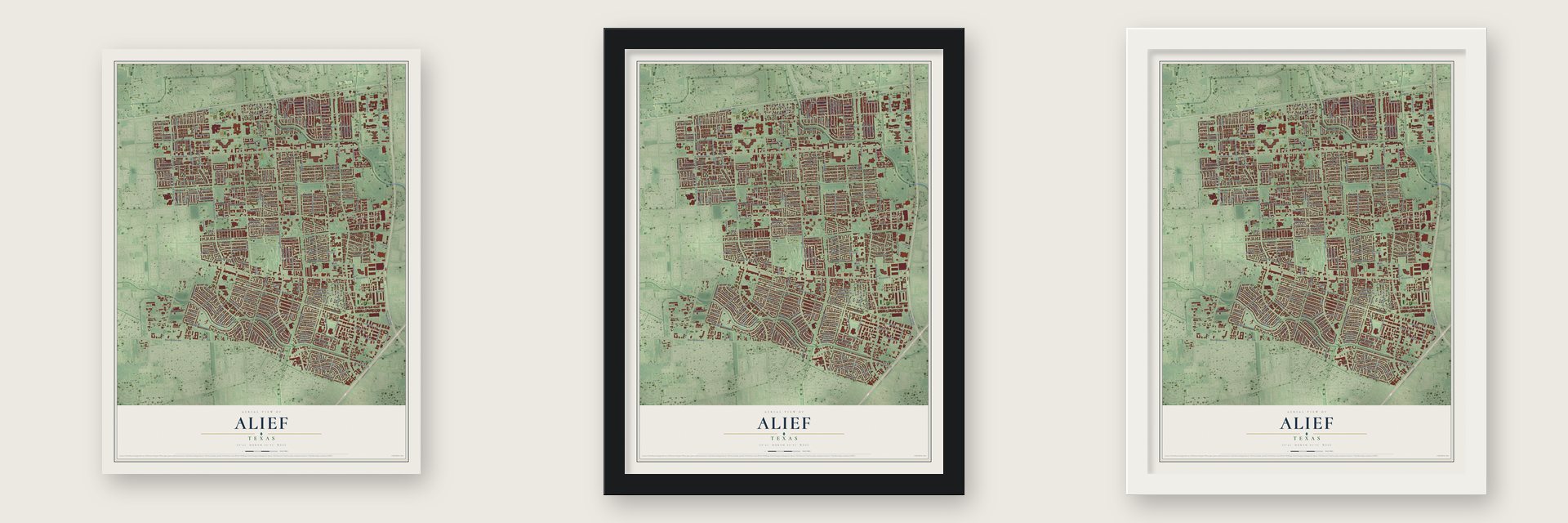 Alief, Texas map unframed, in a black wood frame and in a white wood frame