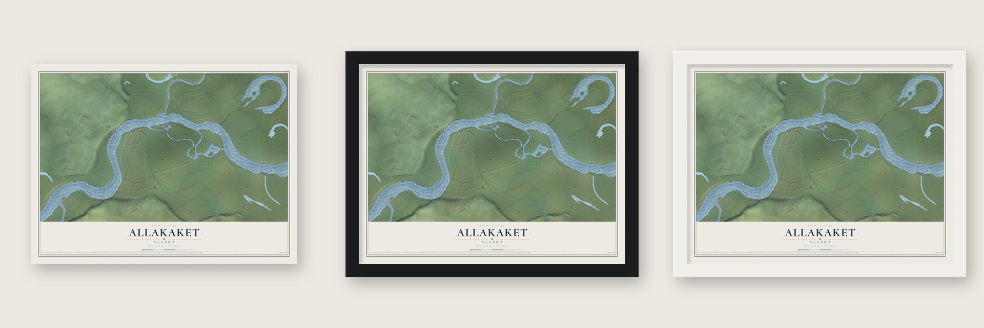 Allakaket, Alaska map unframed, in a black wood frame and in a white wood frame