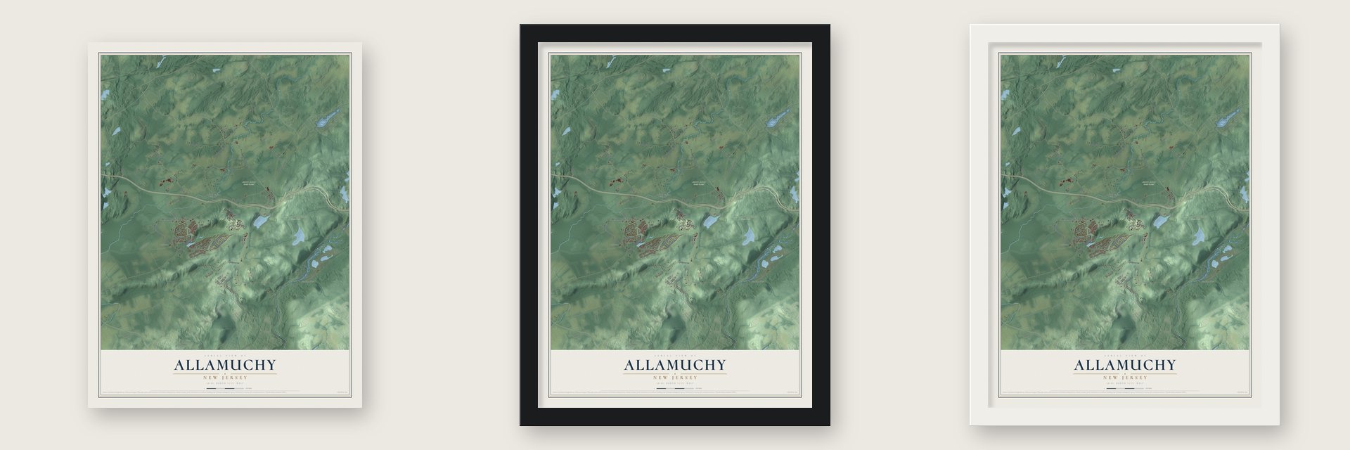 Allamuchy, New Jersey map unframed, in a black wood frame and in a white wood frame