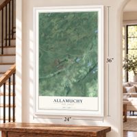 Allamuchy, New Jersey map, 24 x 36 inch print in a white frame by a staircase