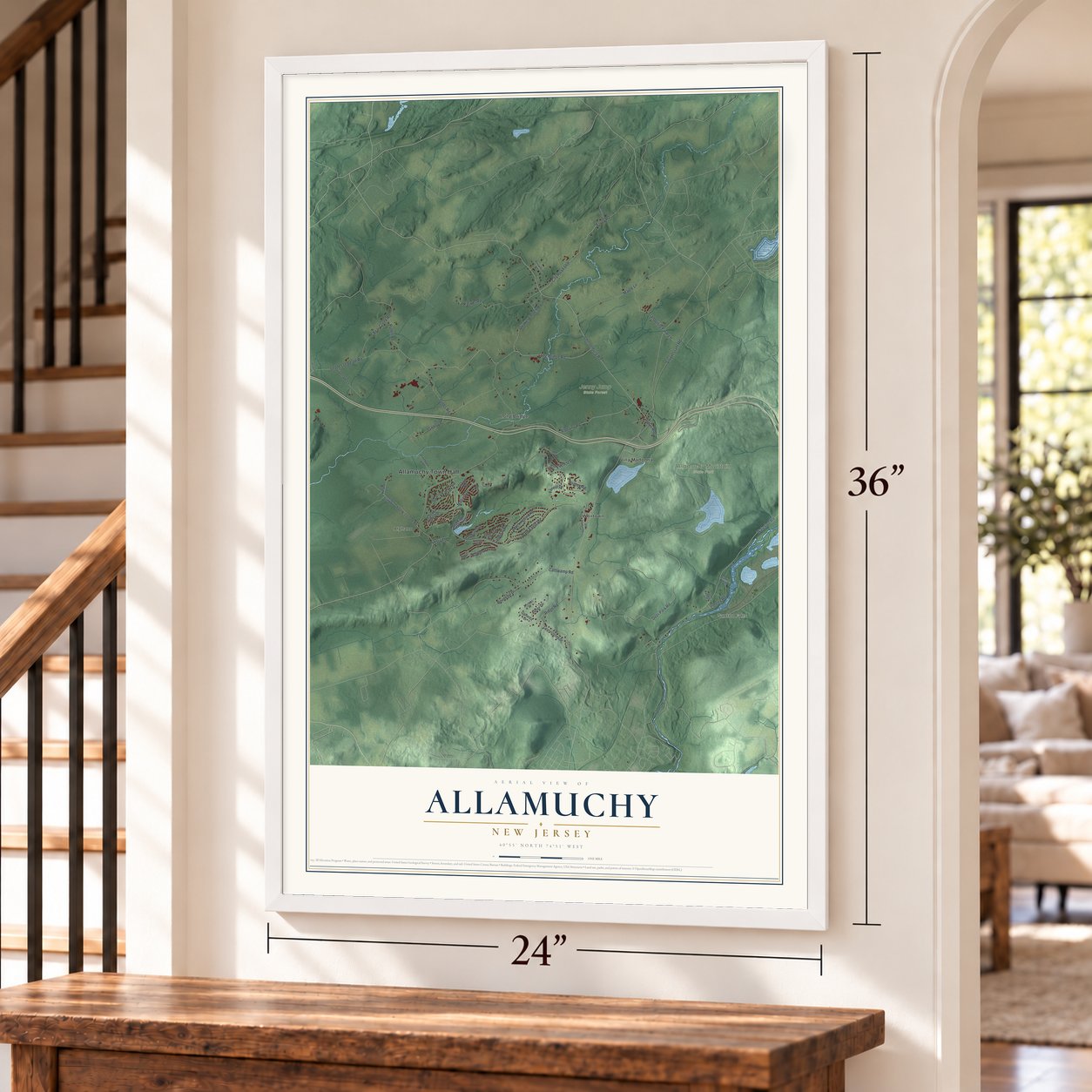 Allamuchy, New Jersey map, 24 x 36 inch print in a white frame by a staircase
