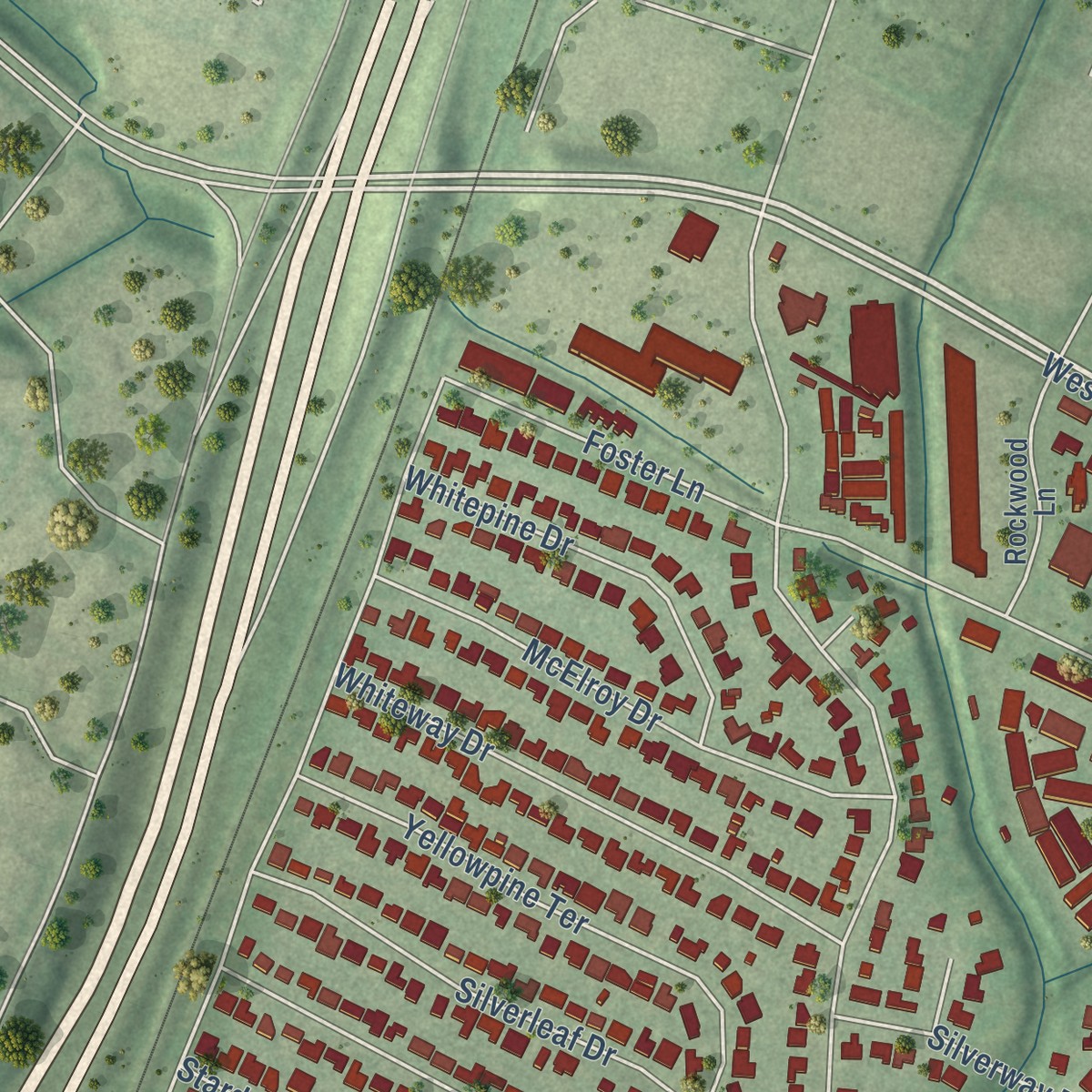 Second close-up of the map of Allandale, Texas print showing more streets and buildings