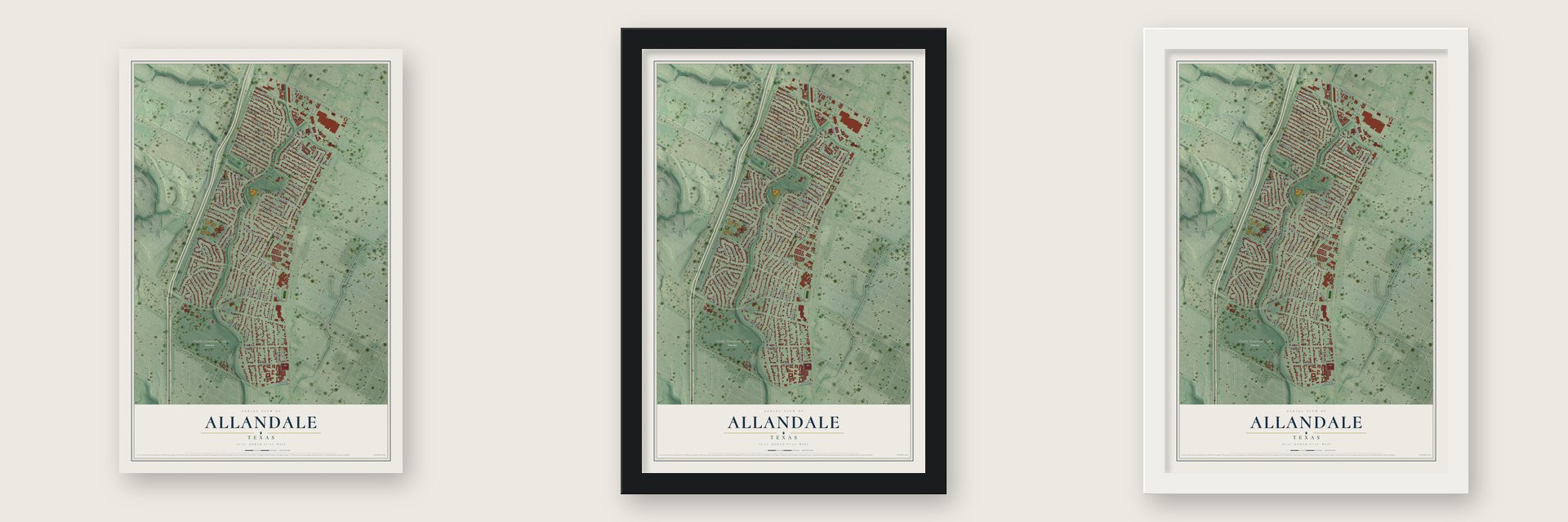 Allandale, Texas map unframed, in a black wood frame and in a white wood frame