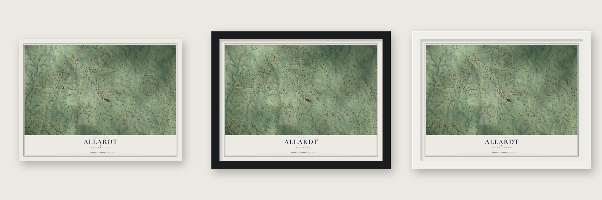 Allardt, Tennessee map unframed, in a black wood frame and in a white wood frame