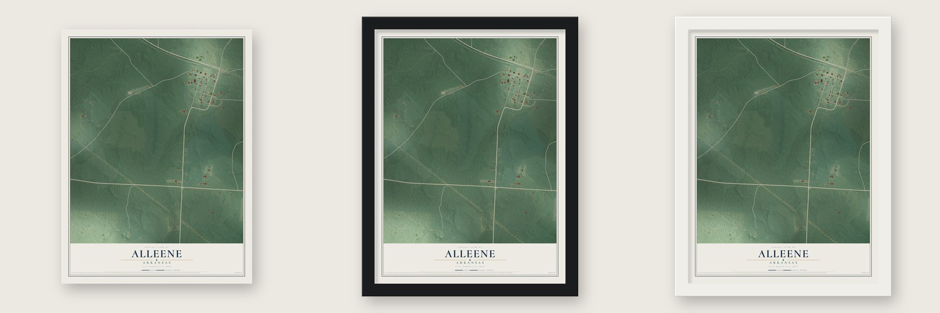 Alleene, Arkansas map unframed, in a black wood frame and in a white wood frame