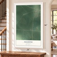 Alleene, Arkansas map, 24 x 36 inch print in a white frame by a staircase