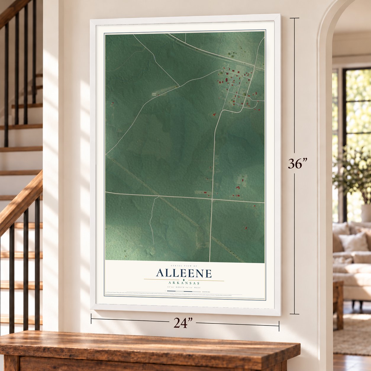 Alleene, Arkansas map, 24 x 36 inch print in a white frame by a staircase