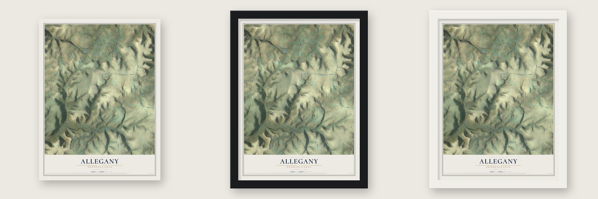 Allegany, Pennsylvania map unframed, in a black wood frame and in a white wood frame