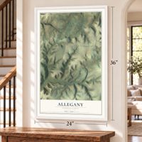 Allegany, Pennsylvania map, 24 x 36 inch print in a white frame by a staircase