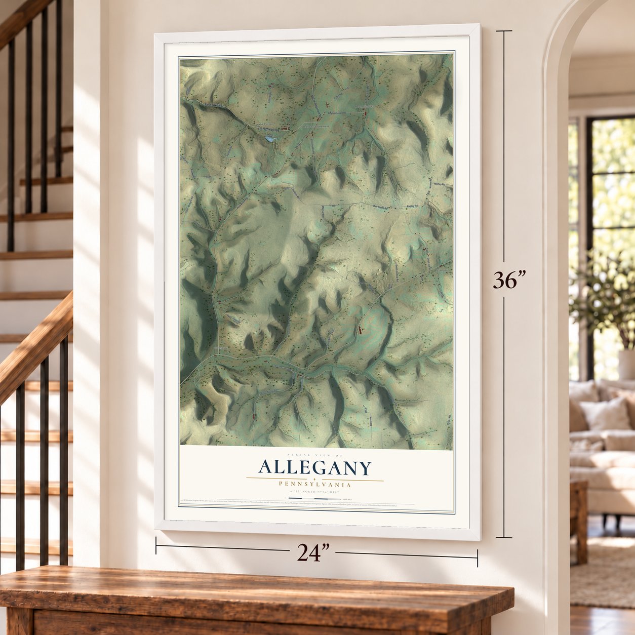 Allegany, Pennsylvania map, 24 x 36 inch print in a white frame by a staircase