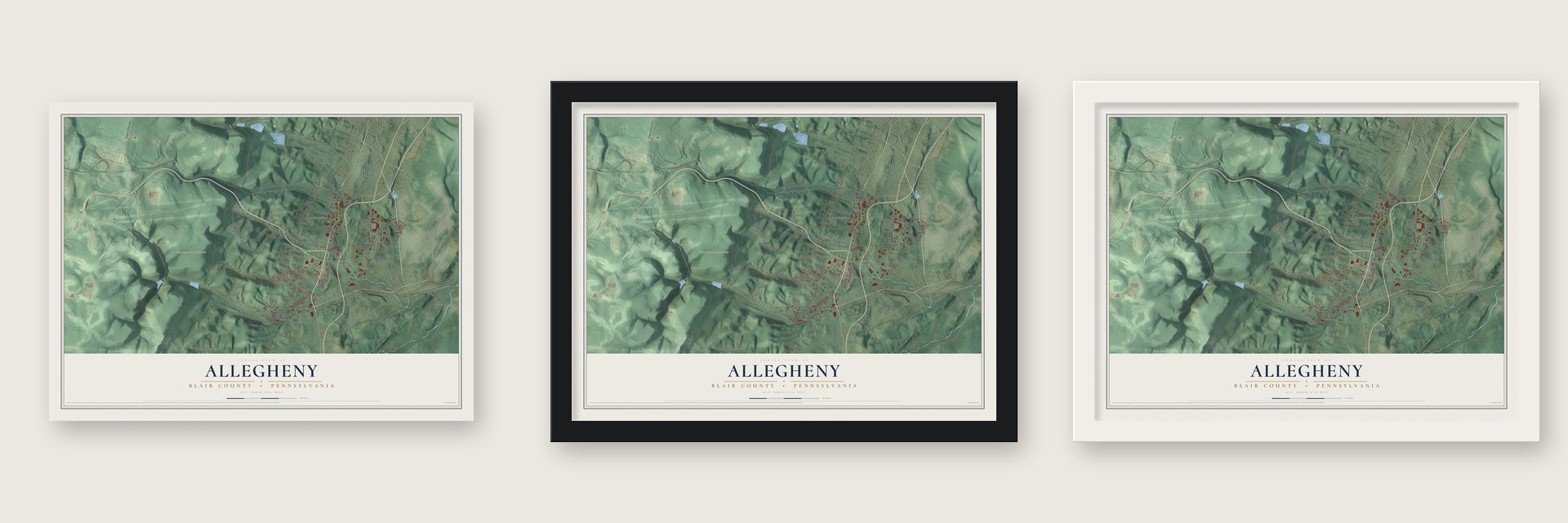 Allegheny, Blair County, Pennsylvania map unframed, in a black wood frame and in a white wood frame