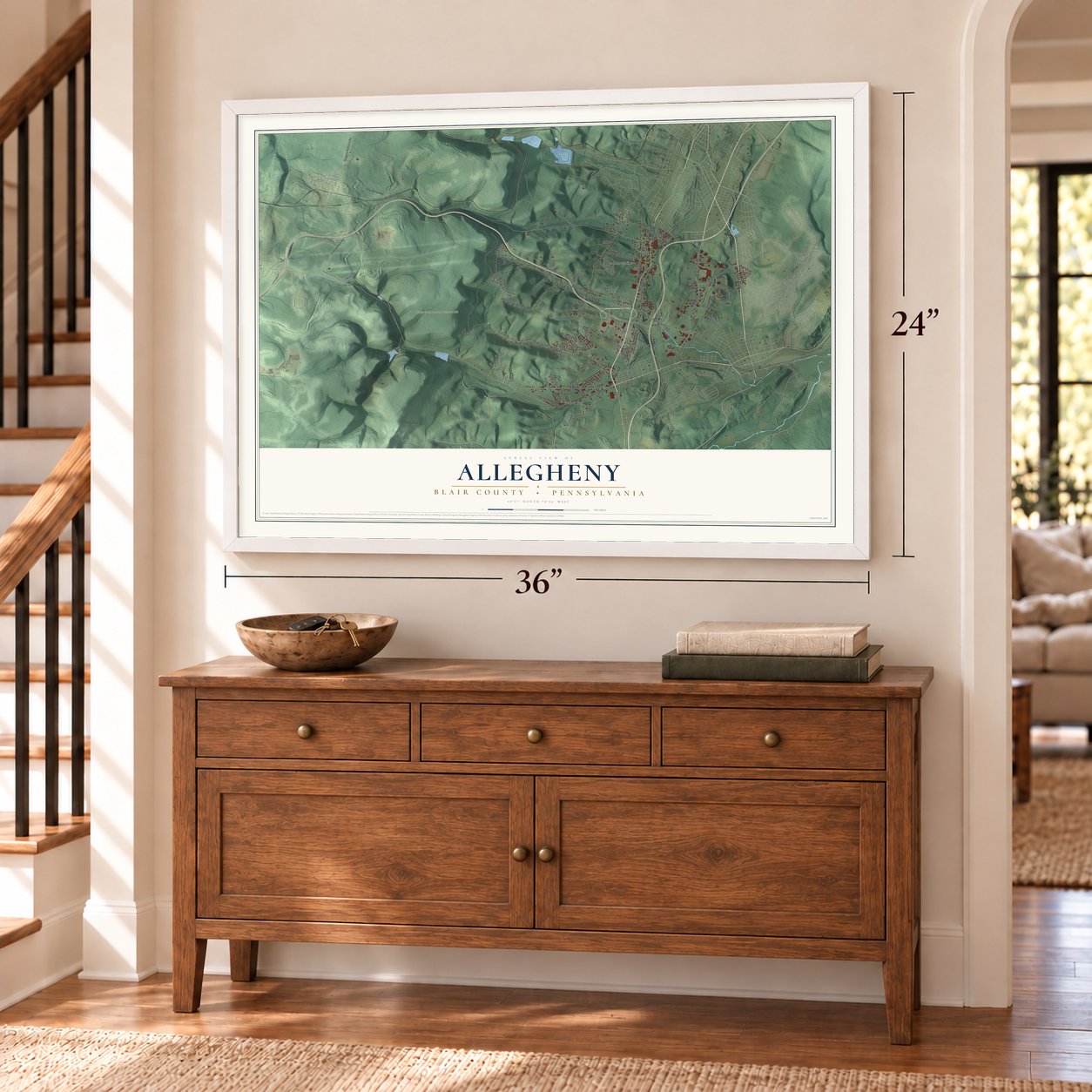 Allegheny, Blair County, Pennsylvania map, 24 x 36 inch print in a white frame above a dresser by a staircase