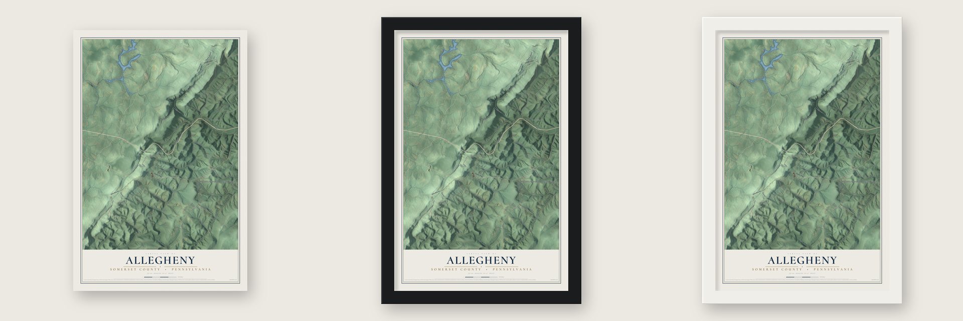 Allegheny, Somerset County, Pennsylvania map unframed, in a black wood frame and in a white wood frame