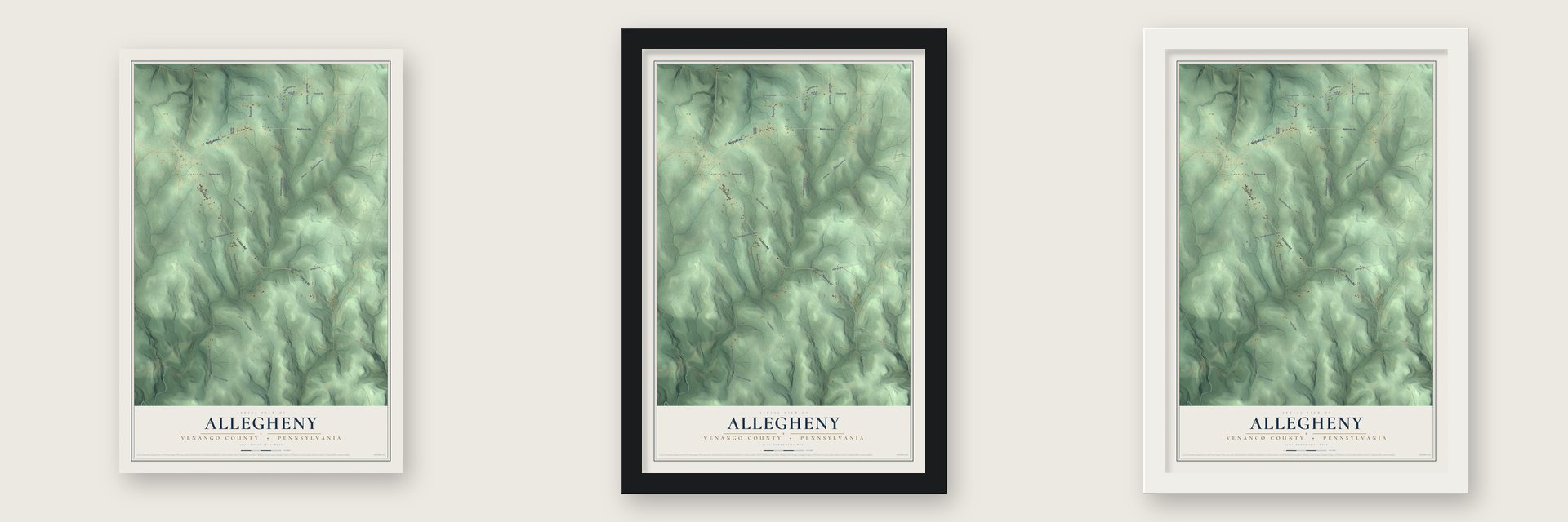 Allegheny, Venango County, Pennsylvania map unframed, in a black wood frame and in a white wood frame
