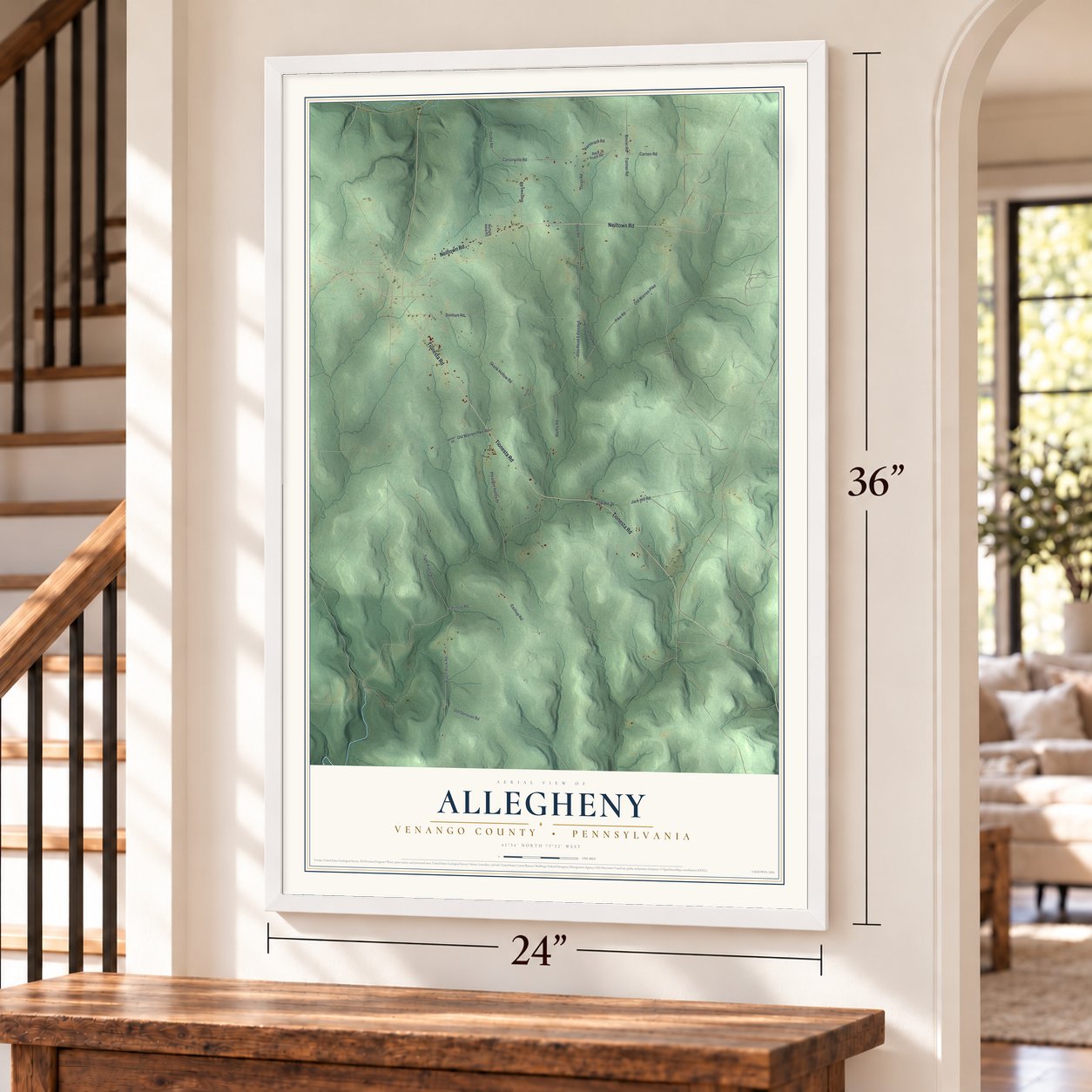 Allegheny, Venango County, Pennsylvania map, 24 x 36 inch print in a white frame by a staircase