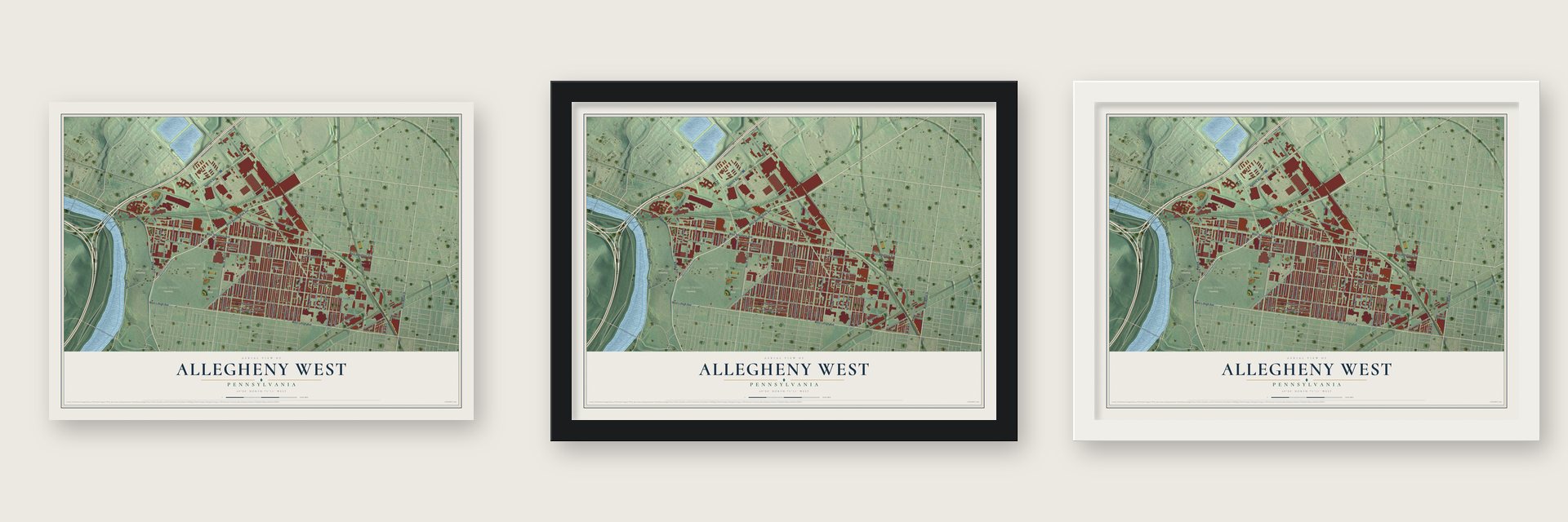 Allegheny West, Philadelphia, Pennsylvania map unframed, in a black wood frame and in a white wood frame