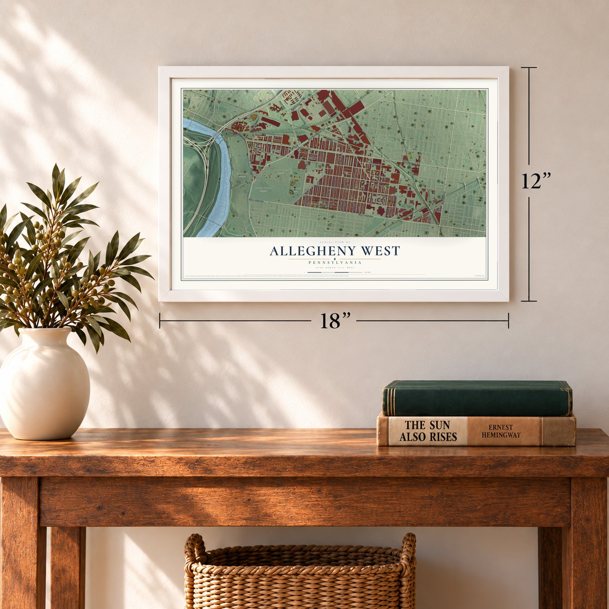 Allegheny West, Philadelphia, Pennsylvania map, 12 x 18 inch print in a white frame in an entryway