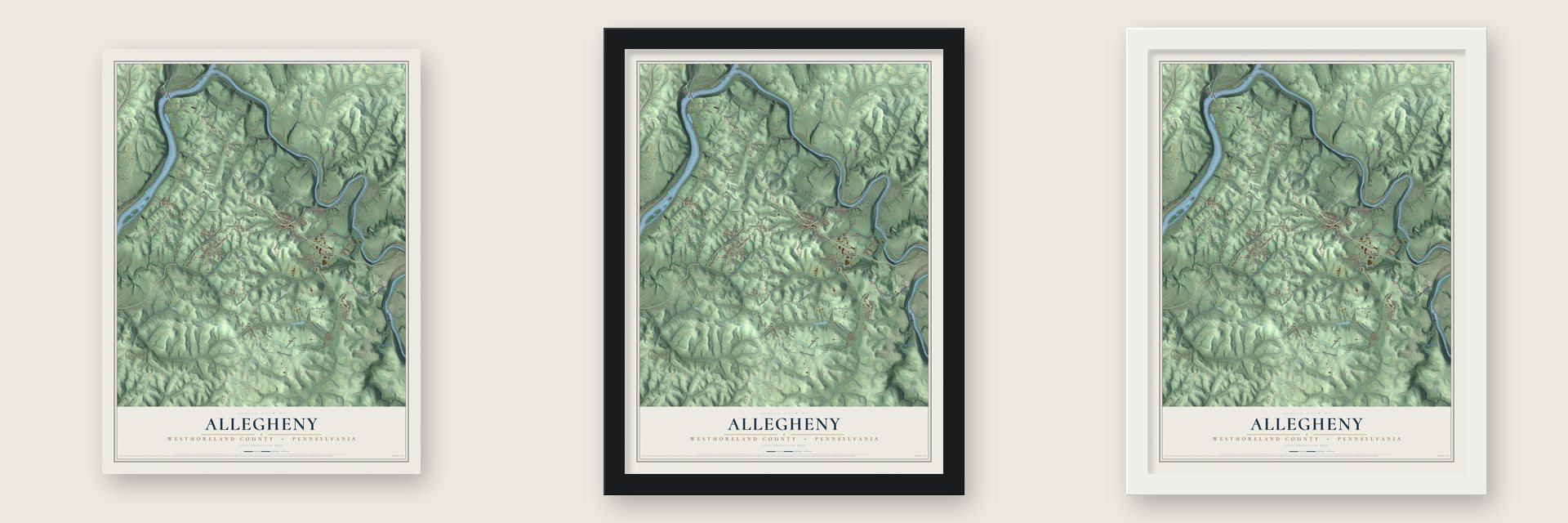Allegheny, Westmoreland County, Pennsylvania map unframed, in a black wood frame and in a white wood frame