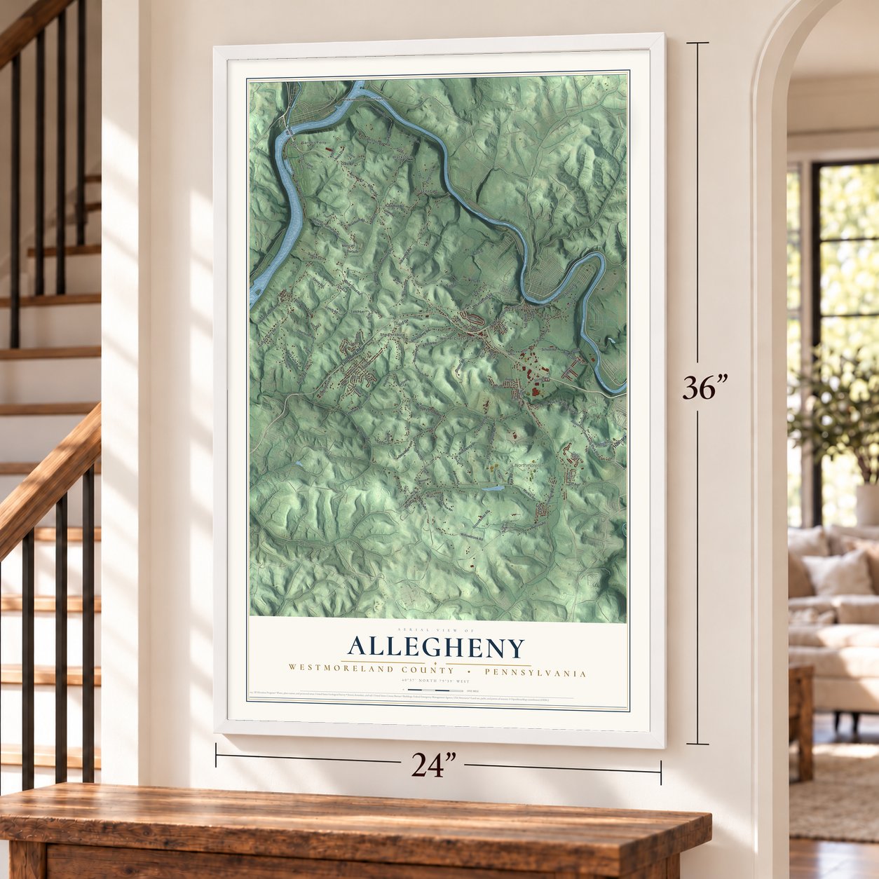 Allegheny, Westmoreland County, Pennsylvania map, 24 x 36 inch print in a white frame by a staircase