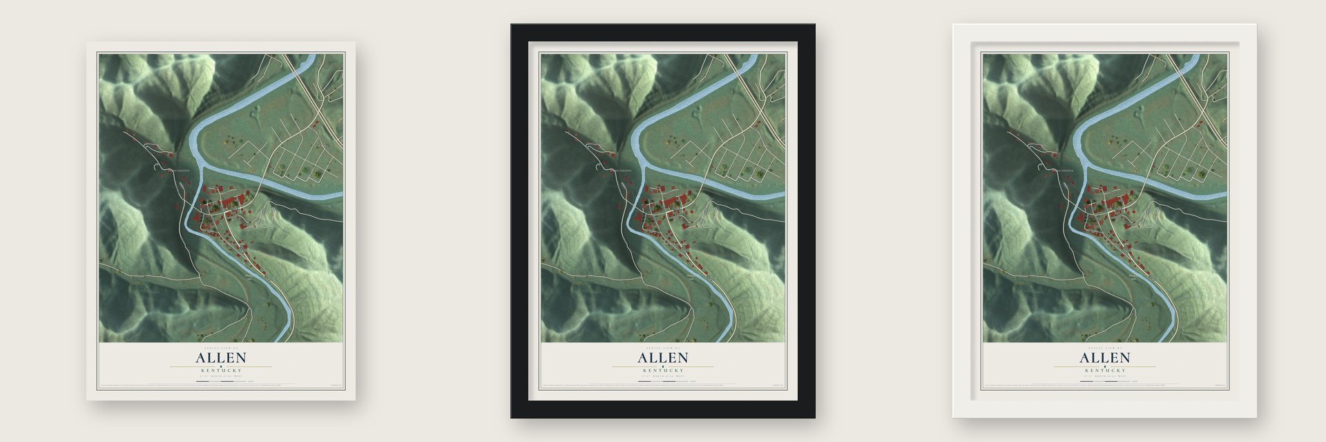 Allen, Kentucky map unframed, in a black wood frame and in a white wood frame